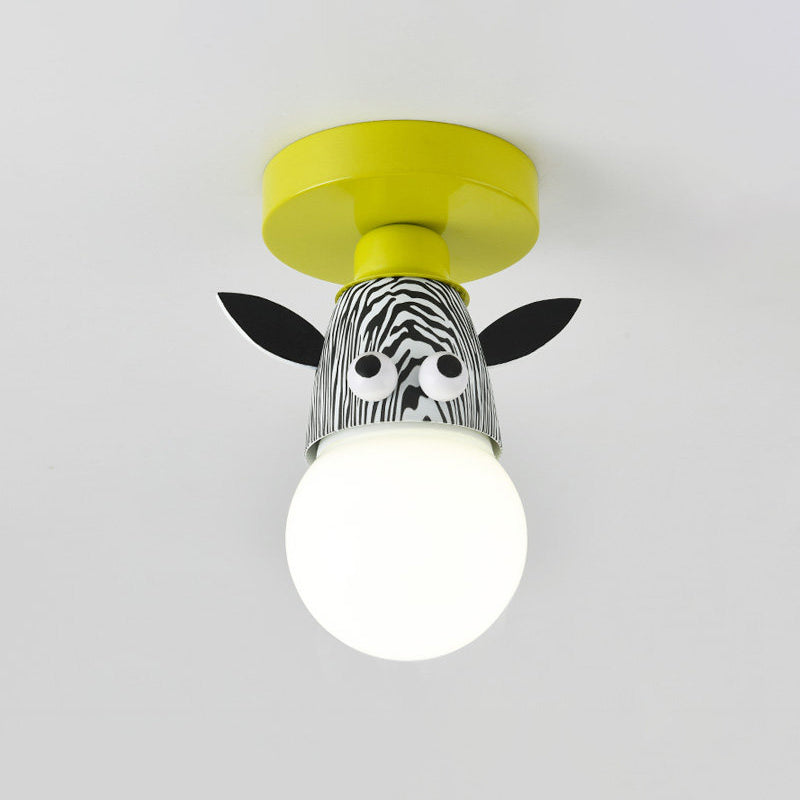 Single Bulb Bedroom Semi-Flush Mount Lighting Kids Yellow Ceiling Lamp with Giraffe/Monkey/Tiger Metal Shade Clearhalo 'Ceiling Lights' 'Close To Ceiling Lights' 'Close to ceiling' 'Semi-flushmount' Lighting' 812570