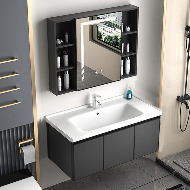 Aluminum Bathroom Vanity Set Doors Wall Mounted Doors Grey Single Sink with Mirror 35.8"L x 18.9"W x 17.7"H Smart Control Included Ceramic Clearhalo 'Bathroom Remodel & Bathroom Fixtures' 'Bathroom Vanities' 'bathroom_vanities' 'Home Improvement' 'home_improvement' 'home_improvement_bathroom_vanities' 8125941