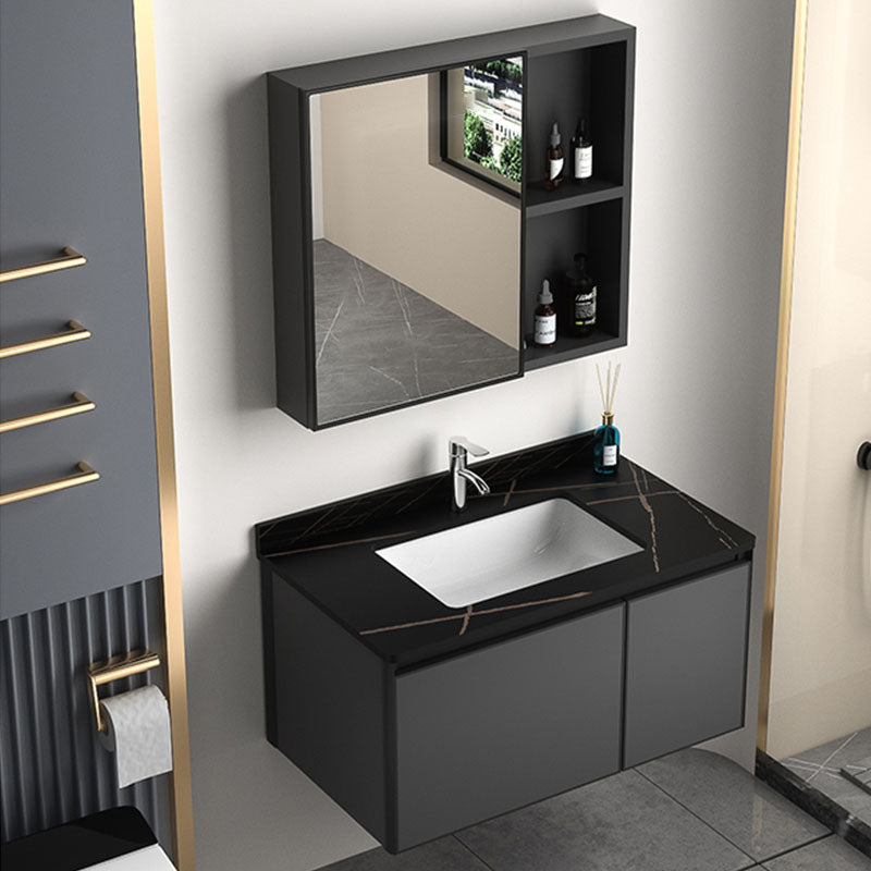 Aluminum Bathroom Vanity Set Doors Wall Mounted Doors Grey Single Sink with Mirror 28"L x 19"W x 18"H Smart Control Not Included Stone Clearhalo 'Bathroom Remodel & Bathroom Fixtures' 'Bathroom Vanities' 'bathroom_vanities' 'Home Improvement' 'home_improvement' 'home_improvement_bathroom_vanities' 8125970