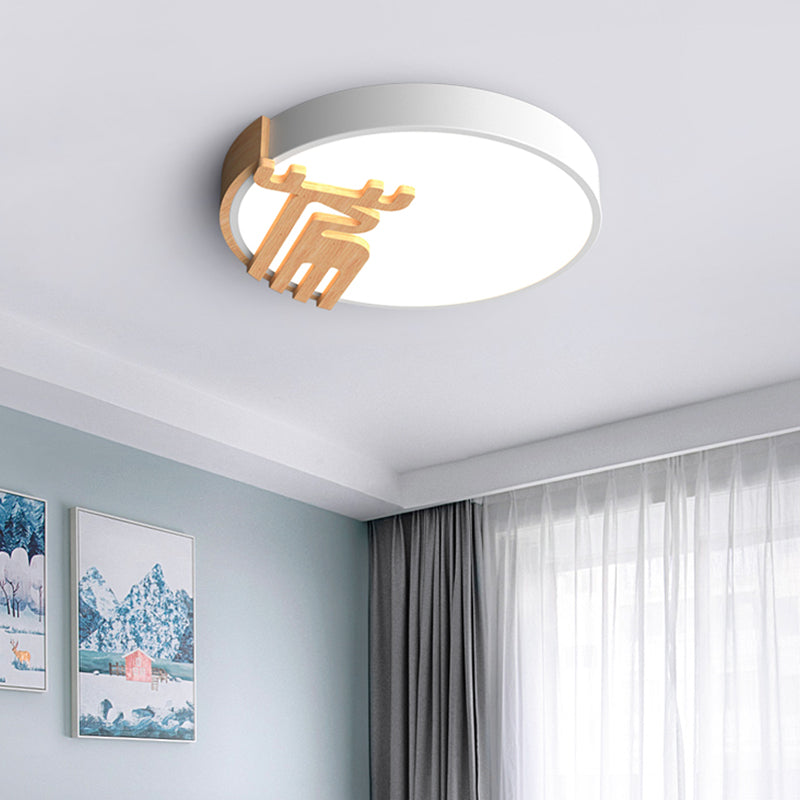 Drum Flush Light Fixture Nordic Acrylic Led Gray/White/Green Close to Ceiling Light with Wood Deer Decoration White Clearhalo 'Ceiling Lights' 'Close To Ceiling Lights' 'Close to ceiling' 'Flush mount' Lighting' 812652