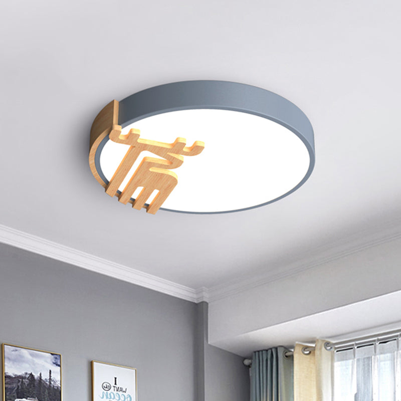 Drum Flush Light Fixture Nordic Acrylic Led Gray/White/Green Close to Ceiling Light with Wood Deer Decoration Grey Clearhalo 'Ceiling Lights' 'Close To Ceiling Lights' 'Close to ceiling' 'Flush mount' Lighting' 812656