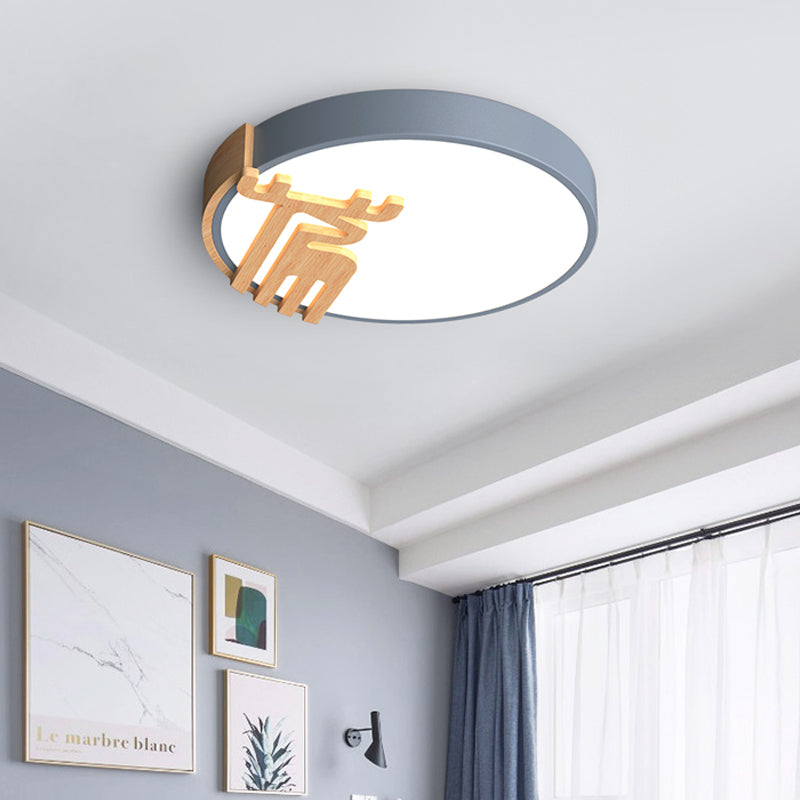 Drum Flush Light Fixture Nordic Acrylic Led Gray/White/Green Close to Ceiling Light with Wood Deer Decoration Clearhalo 'Ceiling Lights' 'Close To Ceiling Lights' 'Close to ceiling' 'Flush mount' Lighting' 812657