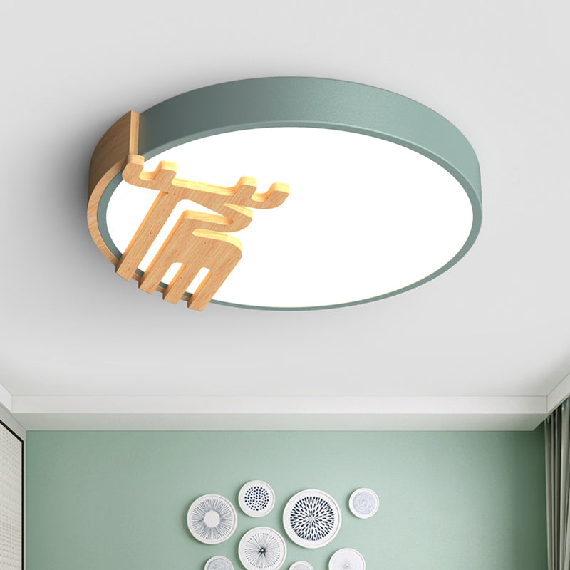 Drum Flush Light Fixture Nordic Acrylic Led Gray/White/Green Close to Ceiling Light with Wood Deer Decoration Green Clearhalo 'Ceiling Lights' 'Close To Ceiling Lights' 'Close to ceiling' 'Flush mount' Lighting' 812660