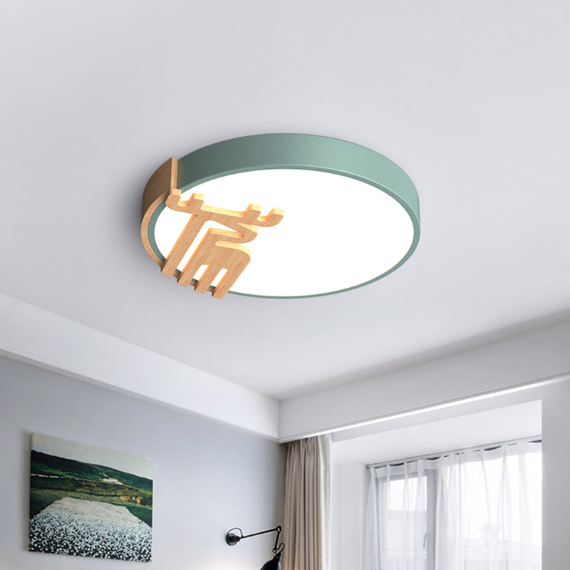 Drum Flush Light Fixture Nordic Acrylic Led Gray/White/Green Close to Ceiling Light with Wood Deer Decoration Clearhalo 'Ceiling Lights' 'Close To Ceiling Lights' 'Close to ceiling' 'Flush mount' Lighting' 812661