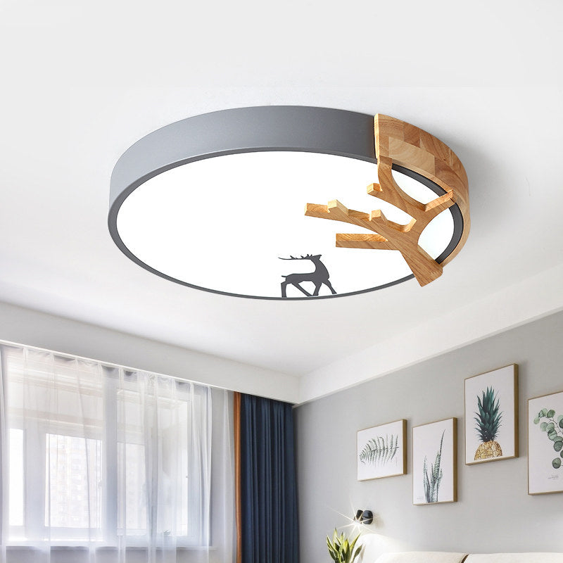 Drum Acrylic Flush Mount Lighting Contemporary Led Green/White/Gray Ceiling Light Fixture with Deer Decoration Grey Clearhalo 'Ceiling Lights' 'Close To Ceiling Lights' 'Close to ceiling' 'Flush mount' Lighting' 812692