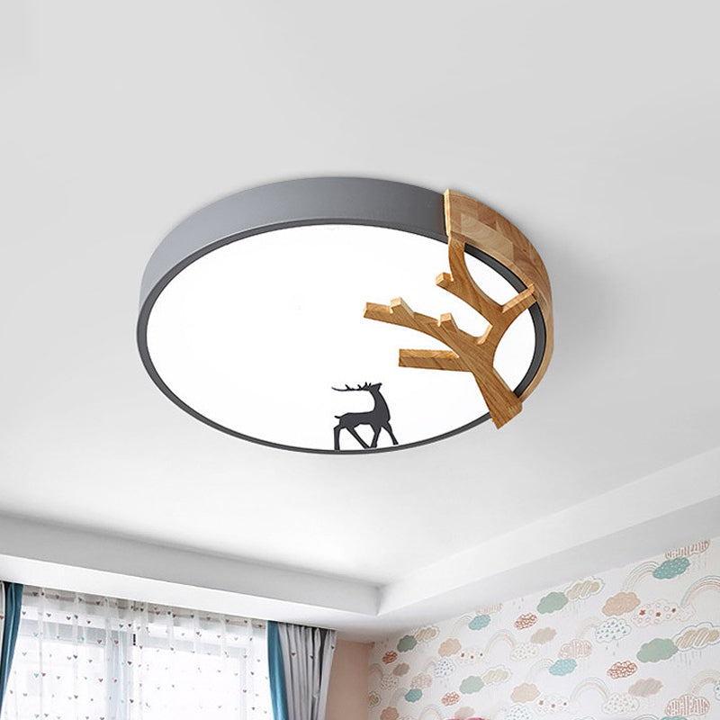 Drum Acrylic Flush Mount Lighting Contemporary Led Green/White/Gray Ceiling Light Fixture with Deer Decoration Clearhalo 'Ceiling Lights' 'Close To Ceiling Lights' 'Close to ceiling' 'Flush mount' Lighting' 812693