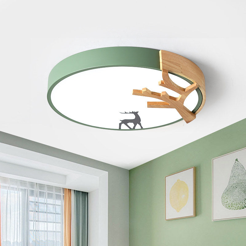 Drum Acrylic Flush Mount Lighting Contemporary Led Green/White/Gray Ceiling Light Fixture with Deer Decoration Green Clearhalo 'Ceiling Lights' 'Close To Ceiling Lights' 'Close to ceiling' 'Flush mount' Lighting' 812696