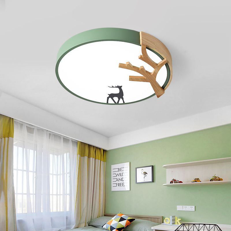 Drum Acrylic Flush Mount Lighting Contemporary Led Green/White/Gray Ceiling Light Fixture with Deer Decoration Clearhalo 'Ceiling Lights' 'Close To Ceiling Lights' 'Close to ceiling' 'Flush mount' Lighting' 812697