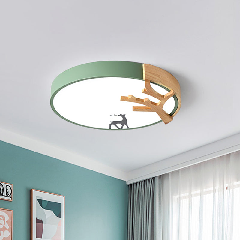 Drum Acrylic Flush Mount Lighting Contemporary Led Green/White/Gray Ceiling Light Fixture with Deer Decoration Clearhalo 'Ceiling Lights' 'Close To Ceiling Lights' 'Close to ceiling' 'Flush mount' Lighting' 812698