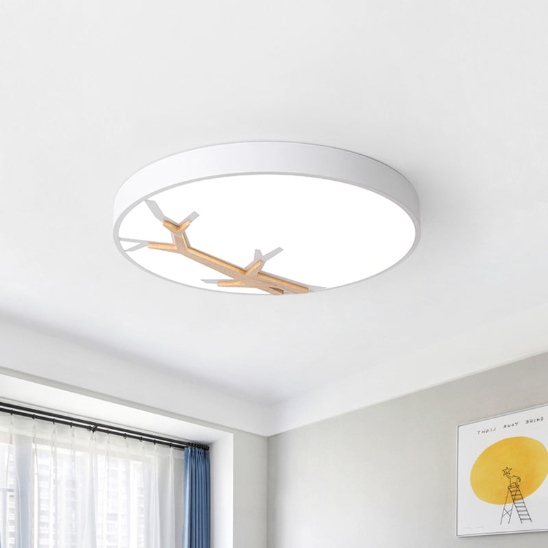 Nordic Round Iron Flushmount LED Ceiling Lighting with Withered Branch Pattern in Grey/White/Blue-Wood White Clearhalo 'Ceiling Lights' 'Close To Ceiling Lights' 'Close to ceiling' 'Flush mount' Lighting' 812801