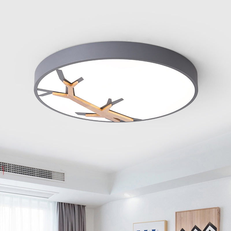 Nordic Round Iron Flushmount LED Ceiling Lighting with Withered Branch Pattern in Grey/White/Blue-Wood Grey Clearhalo 'Ceiling Lights' 'Close To Ceiling Lights' 'Close to ceiling' 'Flush mount' Lighting' 812805