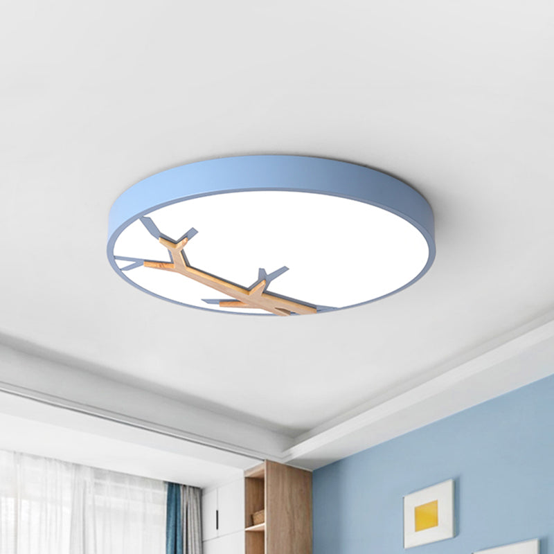 Nordic Round Iron Flushmount LED Ceiling Lighting with Withered Branch Pattern in Grey/White/Blue-Wood Clearhalo 'Ceiling Lights' 'Close To Ceiling Lights' 'Close to ceiling' 'Flush mount' Lighting' 812814