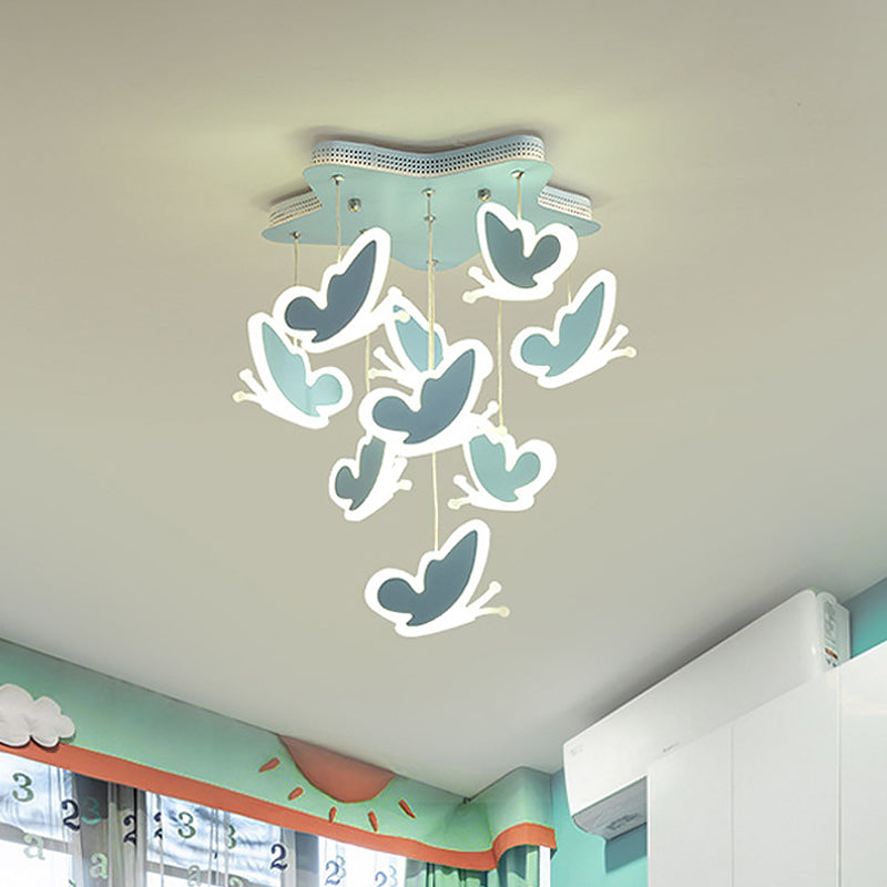 Flying Butterfly Cluster Ceiling Lamp Kids Style Acrylic Pink/Blue Semi Flush Mount Light Fixture Blue Clearhalo 'Ceiling Lights' 'Close To Ceiling Lights' 'Close to ceiling' 'Semi-flushmount' Lighting' 812845