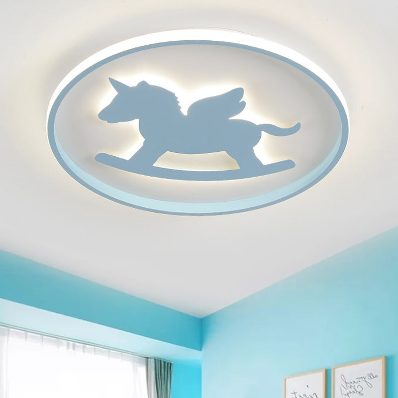 Cartoon LED Flush Mount Lighting Pink/Blue Dinosaur/Carousel Super Thin Ceiling Fixture with Acrylic Shade Blue Carousel Clearhalo 'Ceiling Lights' 'Close To Ceiling Lights' 'Close to ceiling' 'Flush mount' Lighting' 812861