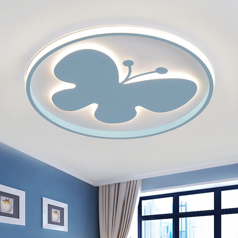 Rabbit/Butterfly Thin Flush Light Fixture Minimalist Iron Pink/Blue LED Ceiling Mount Lamp for Kids Bedroom Blue Butterfly Clearhalo 'Ceiling Lights' 'Close To Ceiling Lights' 'Close to ceiling' 'Flush mount' Lighting' 812901