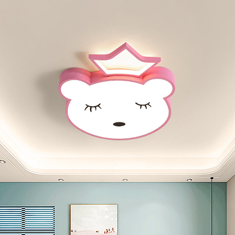 Sleeping Bear Prince Acrylic Ceiling Flush Cartoon Pink/White LED Flushmount Lighting in Warm/White Light Pink Clearhalo 'Ceiling Lights' 'Close To Ceiling Lights' 'Close to ceiling' 'Flush mount' Lighting' 812941