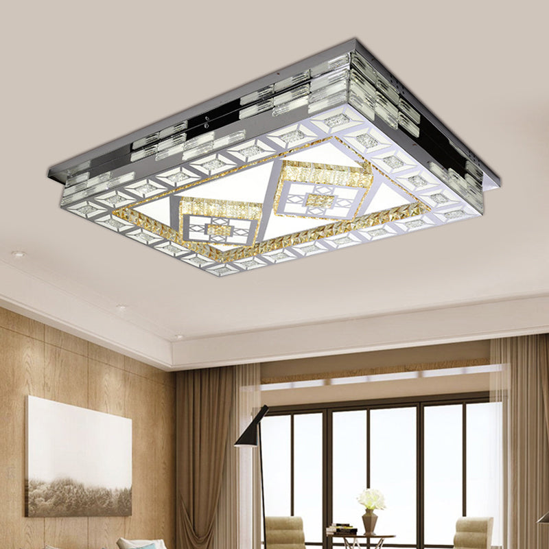 Rectangle Living Room Ceiling Lamp Minimal Amber Crystal LED Chrome Flush Light with Flower/Heart/Square Pattern Chrome A Clearhalo 'Ceiling Lights' 'Close To Ceiling Lights' 'Close to ceiling' 'Flush mount' Lighting' 813046