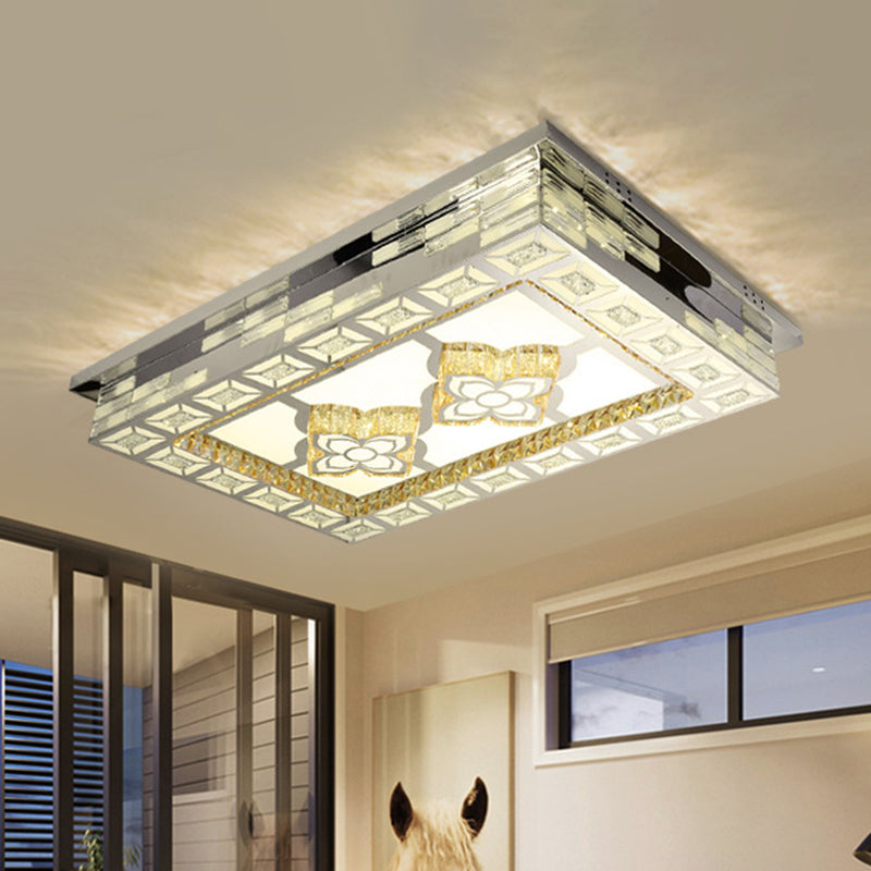 Rectangle Living Room Ceiling Lamp Minimal Amber Crystal LED Chrome Flush Light with Flower/Heart/Square Pattern Chrome B Clearhalo 'Ceiling Lights' 'Close To Ceiling Lights' 'Close to ceiling' 'Flush mount' Lighting' 813050