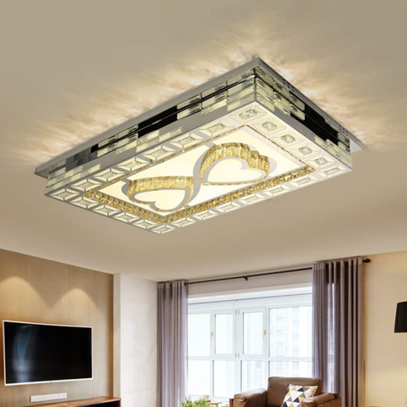 Rectangle Living Room Ceiling Lamp Minimal Amber Crystal LED Chrome Flush Light with Flower/Heart/Square Pattern Chrome C Clearhalo 'Ceiling Lights' 'Close To Ceiling Lights' 'Close to ceiling' 'Flush mount' Lighting' 813055