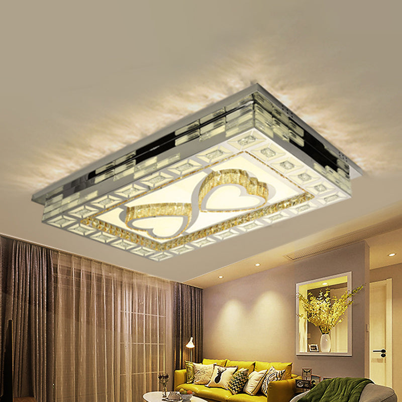 Rectangle Living Room Ceiling Lamp Minimal Amber Crystal LED Chrome Flush Light with Flower/Heart/Square Pattern Clearhalo 'Ceiling Lights' 'Close To Ceiling Lights' 'Close to ceiling' 'Flush mount' Lighting' 813056