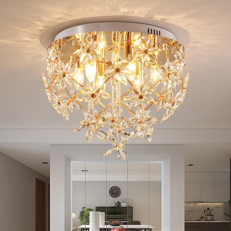 Gold Crisscrossed Flower Flush Chandelier Modern Stylish Crystal 6-Light Dining Table Ceiling Mount Lamp Gold Clearhalo 'Ceiling Lights' 'Close To Ceiling Lights' 'Close to ceiling' 'Flush mount' Lighting' 813060