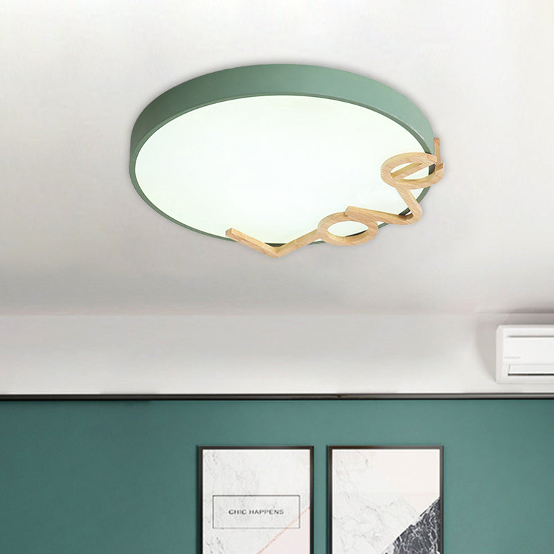 Macaron Round Flush Lighting Metal LED Bedroom Flush Mount Lamp in White/Grey/Green with Love-Shape Wood Deco Green Clearhalo 'Ceiling Lights' 'Close To Ceiling Lights' 'Close to ceiling' 'Flush mount' Lighting' 813068