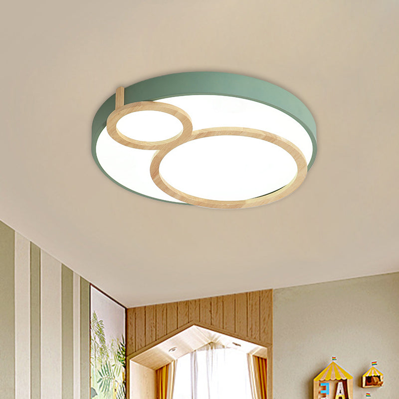 Circular Flush Mounted Light Fixture Macaron Acrylic White/Green/Grey and Wood LED Flush Lamp Fixture Green Clearhalo 'Ceiling Lights' 'Close To Ceiling Lights' 'Close to ceiling' 'Flush mount' Lighting' 813080