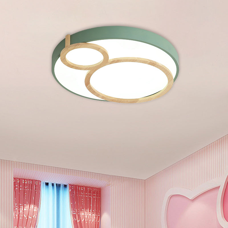 Circular Flush Mounted Light Fixture Macaron Acrylic White/Green/Grey and Wood LED Flush Lamp Fixture Clearhalo 'Ceiling Lights' 'Close To Ceiling Lights' 'Close to ceiling' 'Flush mount' Lighting' 813081