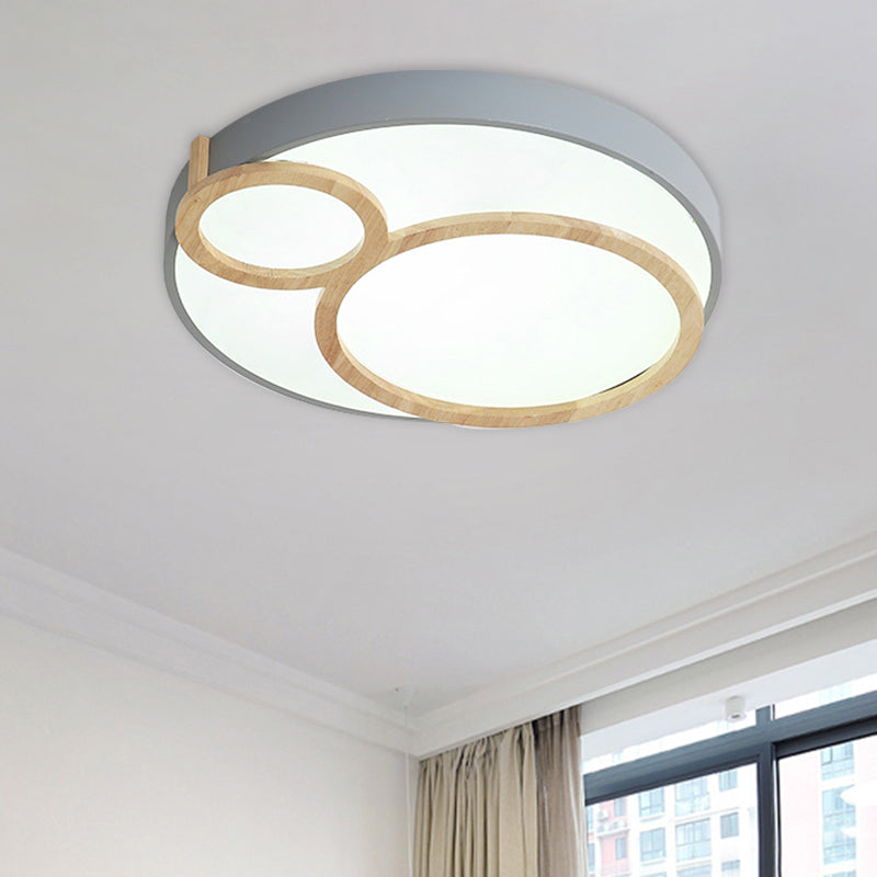 Circular Flush Mounted Light Fixture Macaron Acrylic White/Green/Grey and Wood LED Flush Lamp Fixture Grey Clearhalo 'Ceiling Lights' 'Close To Ceiling Lights' 'Close to ceiling' 'Flush mount' Lighting' 813088