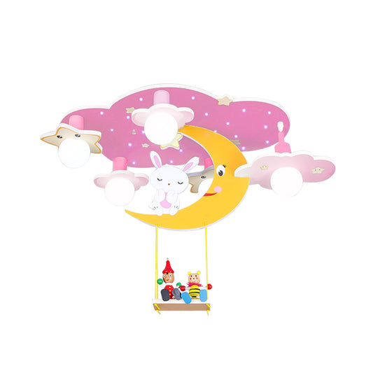 Wood Starry Sky Semi Flush Lamp Cartoon 5 Heads Pink/Blue and Yellow Flush Ceiling Light with Rabbit Deco Clearhalo 'Ceiling Lights' 'Close To Ceiling Lights' 'Close to ceiling' 'Semi-flushmount' Lighting' 813207