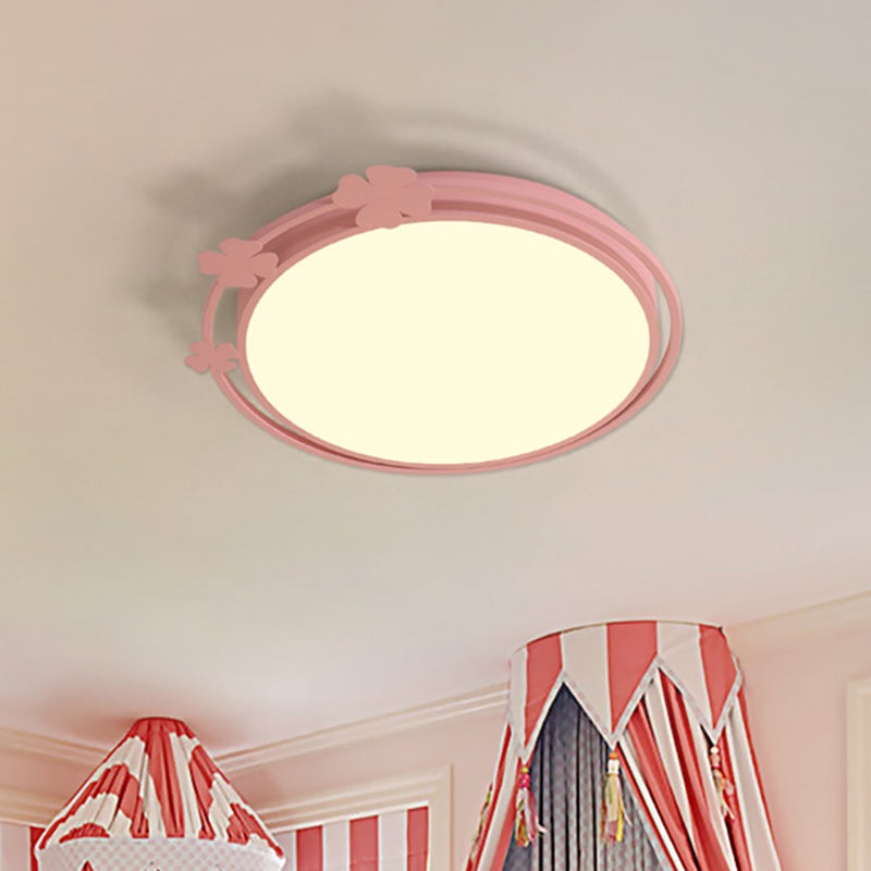 Round Metallic Flush Mount Kids LED Pink Flushmount Light with Clover Deco in White/Warm Light Pink Clearhalo 'Ceiling Lights' 'Close To Ceiling Lights' 'Close to ceiling' 'Flush mount' Lighting' 813279