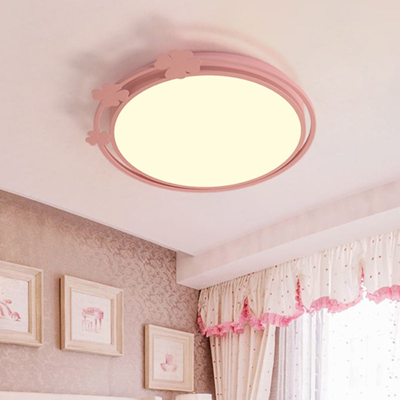 Round Metallic Flush Mount Kids LED Pink Flushmount Light with Clover Deco in White/Warm Light Clearhalo 'Ceiling Lights' 'Close To Ceiling Lights' 'Close to ceiling' 'Flush mount' Lighting' 813280