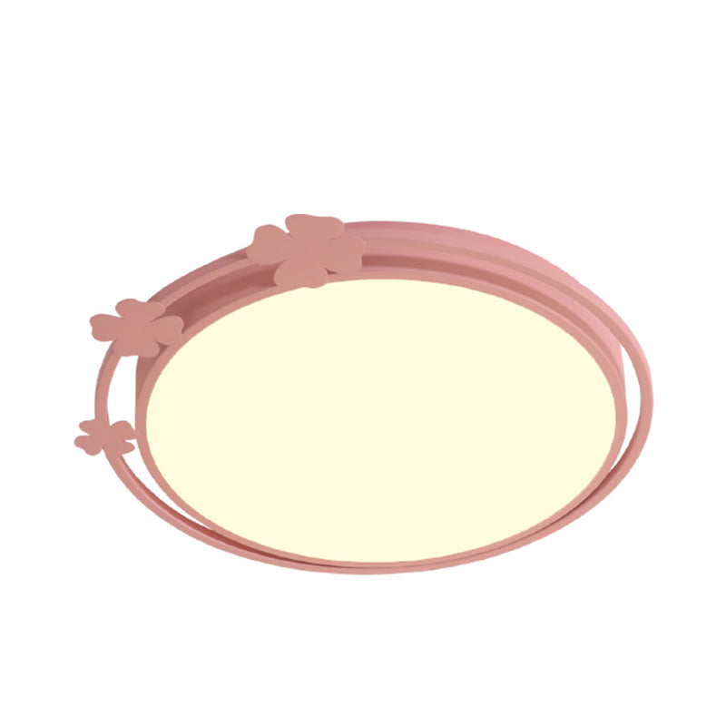 Round Metallic Flush Mount Kids LED Pink Flushmount Light with Clover Deco in White/Warm Light Clearhalo 'Ceiling Lights' 'Close To Ceiling Lights' 'Close to ceiling' 'Flush mount' Lighting' 813281