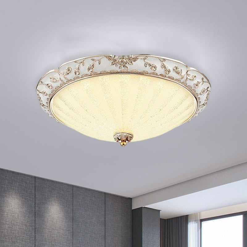 Bowl-Shaped Bedroom Flush Mount Traditional White Glass LED Beige Flushmount with Carved Trim Clearhalo 'Ceiling Lights' 'Close To Ceiling Lights' 'Close to ceiling' 'Flush mount' Lighting' 813306