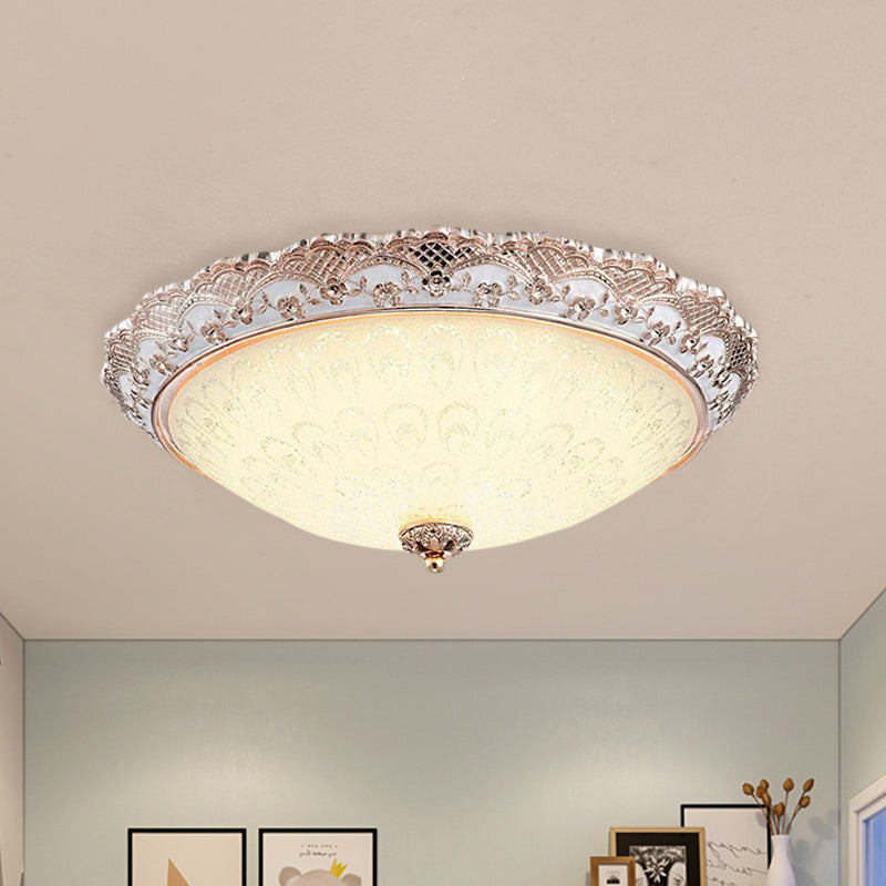 Bowl-Shaped Bedroom Flush Mount Traditional White Glass LED Beige Flushmount with Carved Trim White E Clearhalo 'Ceiling Lights' 'Close To Ceiling Lights' 'Close to ceiling' 'Flush mount' Lighting' 813309