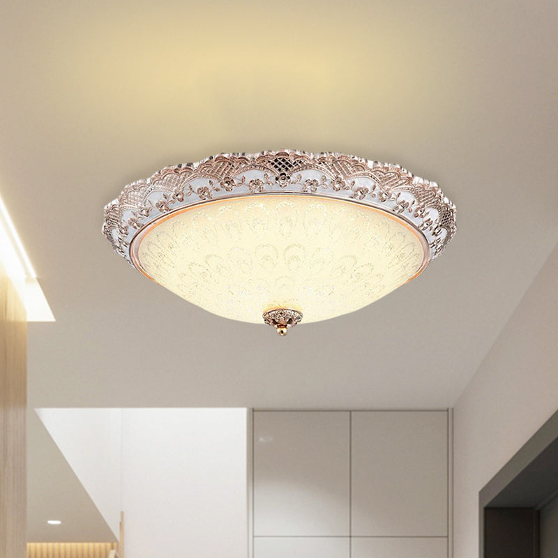 Bowl-Shaped Bedroom Flush Mount Traditional White Glass LED Beige Flushmount with Carved Trim Clearhalo 'Ceiling Lights' 'Close To Ceiling Lights' 'Close to ceiling' 'Flush mount' Lighting' 813310