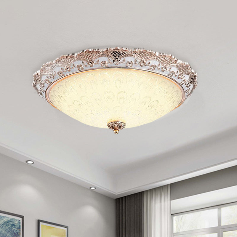 Bowl-Shaped Bedroom Flush Mount Traditional White Glass LED Beige Flushmount with Carved Trim Clearhalo 'Ceiling Lights' 'Close To Ceiling Lights' 'Close to ceiling' 'Flush mount' Lighting' 813311