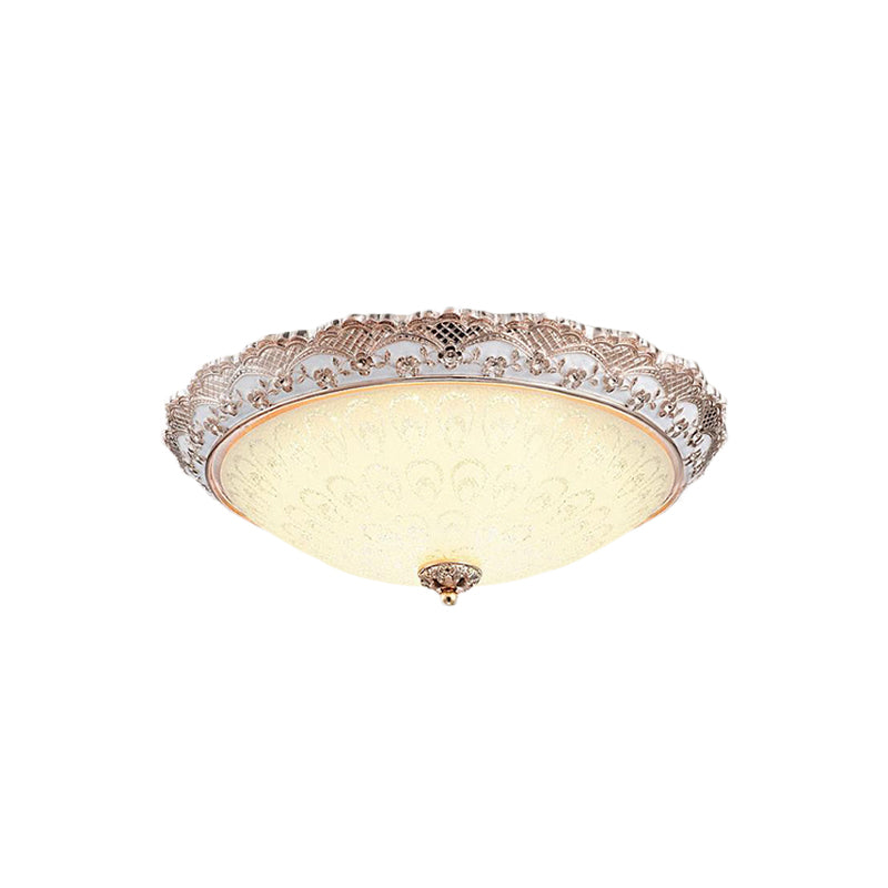 Bowl-Shaped Bedroom Flush Mount Traditional White Glass LED Beige Flushmount with Carved Trim Clearhalo 'Ceiling Lights' 'Close To Ceiling Lights' 'Close to ceiling' 'Flush mount' Lighting' 813312