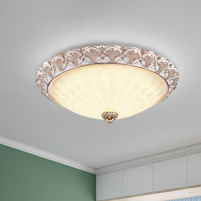 Bowl-Shaped Bedroom Flush Mount Traditional White Glass LED Beige Flushmount with Carved Trim Clearhalo 'Ceiling Lights' 'Close To Ceiling Lights' 'Close to ceiling' 'Flush mount' Lighting' 813315