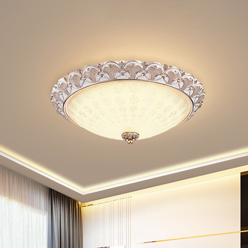 Bowl-Shaped Bedroom Flush Mount Traditional White Glass LED Beige Flushmount with Carved Trim Clearhalo 'Ceiling Lights' 'Close To Ceiling Lights' 'Close to ceiling' 'Flush mount' Lighting' 813316