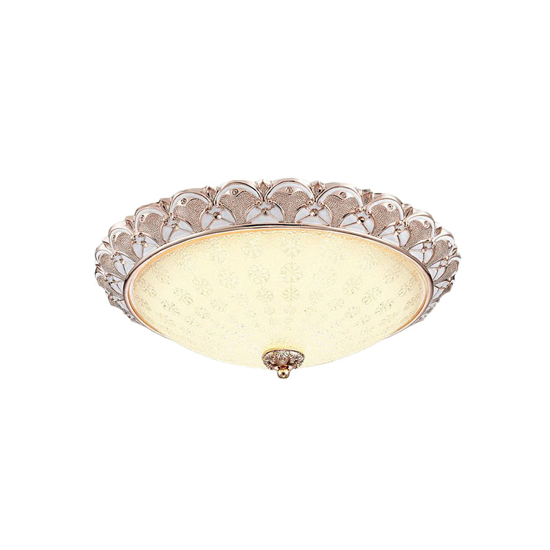 Bowl-Shaped Bedroom Flush Mount Traditional White Glass LED Beige Flushmount with Carved Trim Clearhalo 'Ceiling Lights' 'Close To Ceiling Lights' 'Close to ceiling' 'Flush mount' Lighting' 813317