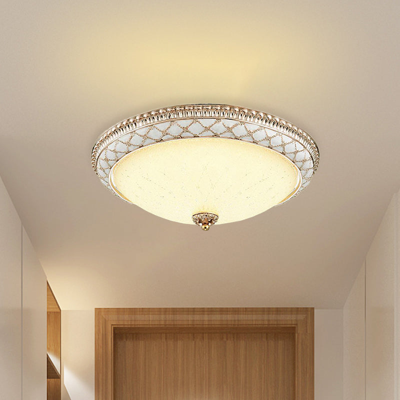 Bowl-Shaped Bedroom Flush Mount Traditional White Glass LED Beige Flushmount with Carved Trim Clearhalo 'Ceiling Lights' 'Close To Ceiling Lights' 'Close to ceiling' 'Flush mount' Lighting' 813320