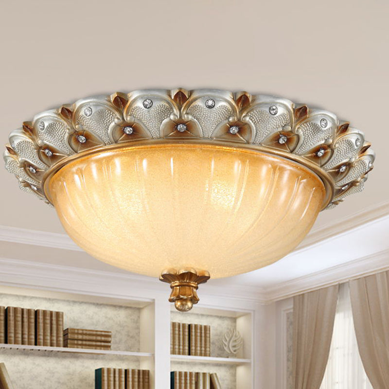 Bronze/White 3-Bulb Flushmount Traditionalist Yellow Glass Flush Mount Light Fixture for Living Room Bronze Clearhalo 'Ceiling Lights' 'Close To Ceiling Lights' 'Close to ceiling' 'Flush mount' Lighting' 813329