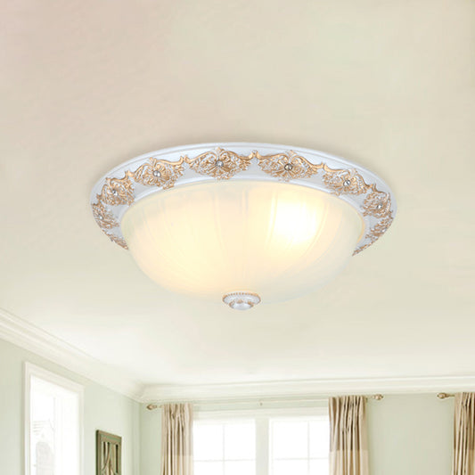 Frosted White Glass Dome Flushmount 3-Light Bedroom Flush Mount Recessed Lighting with Carved Edge Clearhalo 'Ceiling Lights' 'Close To Ceiling Lights' 'Close to ceiling' 'Flush mount' Lighting' 813339