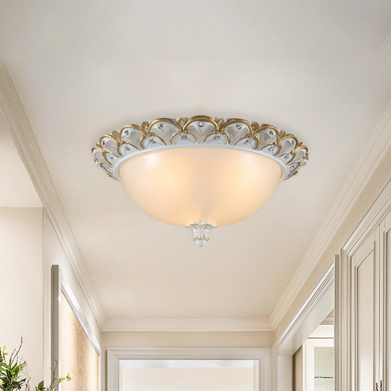 Frosted White Glass Dome Flushmount 3-Light Bedroom Flush Mount Recessed Lighting with Carved Edge Clearhalo 'Ceiling Lights' 'Close To Ceiling Lights' 'Close to ceiling' 'Flush mount' Lighting' 813343