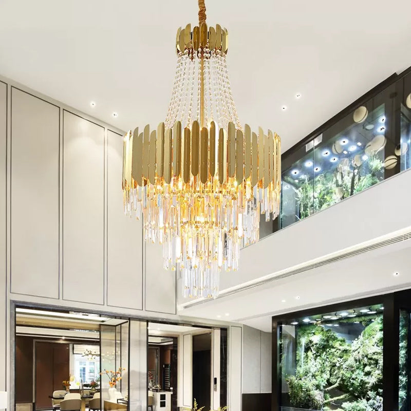 Simplicity Tiered Chandelier Lamp 10 Bulbs Clear Crystal Hanging Light Fixture in Gold with Cone Design Gold Clearhalo 'Ceiling Lights' 'Chandeliers' 'Modern Chandeliers' 'Modern' Lighting' 813375