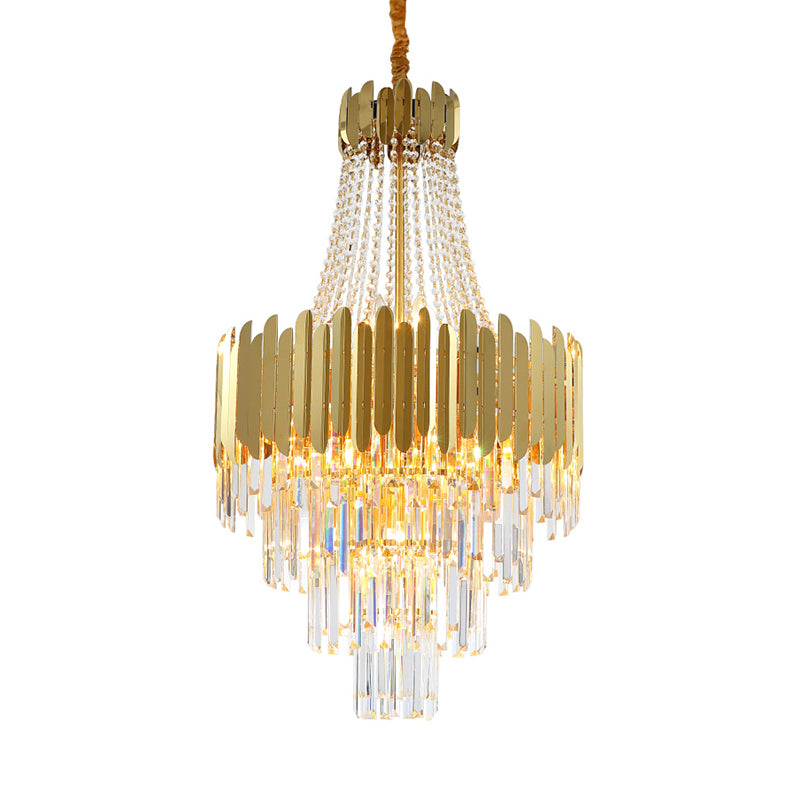 Simplicity Tiered Chandelier Lamp 10 Bulbs Clear Crystal Hanging Light Fixture in Gold with Cone Design Clearhalo 'Ceiling Lights' 'Chandeliers' 'Modern Chandeliers' 'Modern' Lighting' 813376