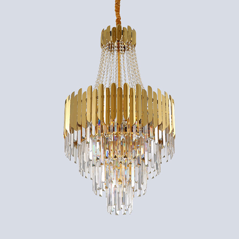 Simplicity Tiered Chandelier Lamp 10 Bulbs Clear Crystal Hanging Light Fixture in Gold with Cone Design Clearhalo 'Ceiling Lights' 'Chandeliers' 'Modern Chandeliers' 'Modern' Lighting' 813377