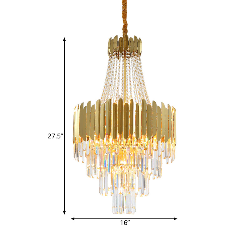 Simplicity Tiered Chandelier Lamp 10 Bulbs Clear Crystal Hanging Light Fixture in Gold with Cone Design Clearhalo 'Ceiling Lights' 'Chandeliers' 'Modern Chandeliers' 'Modern' Lighting' 813378