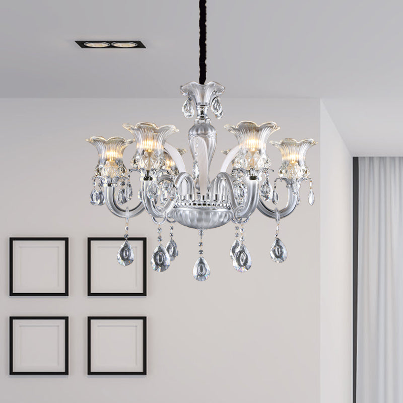 Silver 6/8 Lights Chandelier Light Traditional Clear Ribbed Glass Flower Pendant Lamp with Crystal Droplet Clearhalo 'Ceiling Lights' 'Chandeliers' Lighting' options 813384